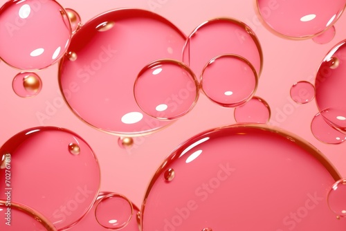  a group of pink bubbles floating on top of a light pink surface with a few gold dots on the bottom of the bubbles.