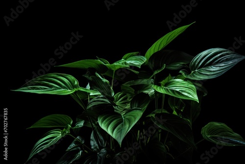  a close up of a plant with green leaves on a black background with a spot light in the center of the plant.