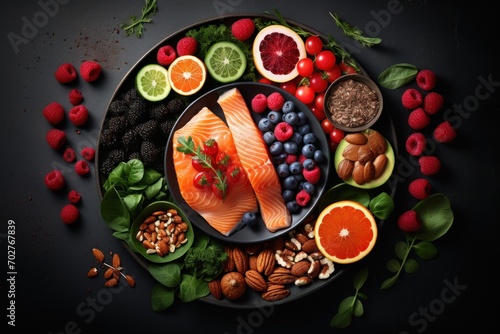  a plate of salmon, berries, nuts, raspberries, almonds, oranges, and more.