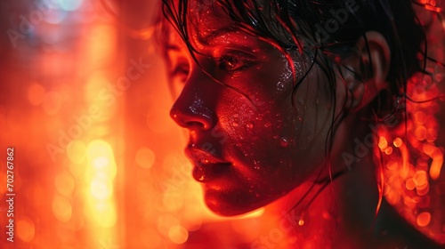 biohacker using an infrared sauna, focus on the ambient red glow and sweat on the skin