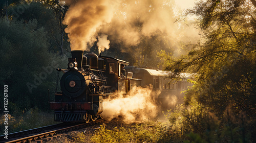 Vintage steam locomotive, iron and brass details, billowing smoke, chugging through a rustic countryside