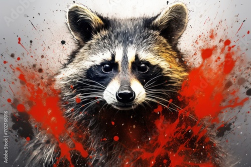  a close up of a raccoon's face with red and black paint splatters around it. © Shanti