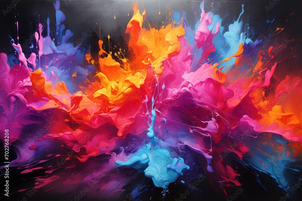  an abstract painting of multicolored paint splattered on a black background with a white spot in the middle of the image.