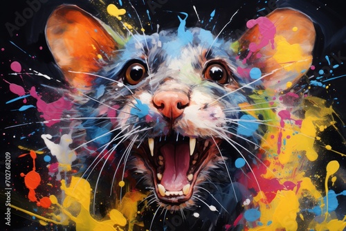  a painting of a rat with it's mouth open and it's mouth wide open, with paint splatters all over it. © Shanti