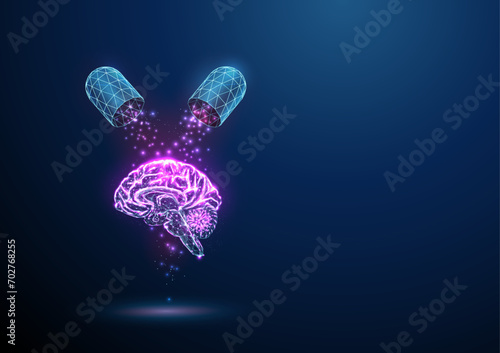 Abstract open blue medical drug capsule with falling particles on the brain Healthcare medical pharmacy concept Low poly
