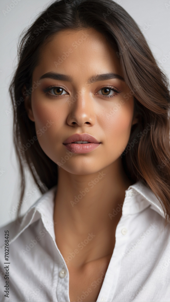 Close-up Portrait of a Beautiful Young Filipina Model Woman on White Studio Background