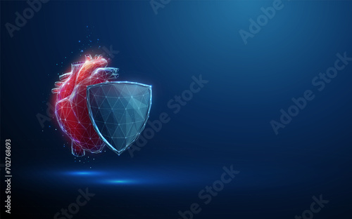 Abstract red human heart behind the blue futuristic guard shield. Heart healthcare medical concept. Low poly style