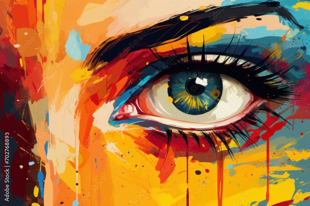  a painting of a woman's eye with a splash of paint on the side of her face and the eye of the woman's face.