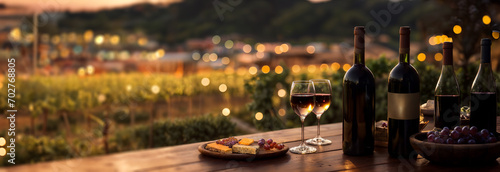 Wine bottles and glasses, wooden wine barrel in winery, sunset over valley, hills. Panoramic banner, header, background for restaurant, hotel, tuscany, tourism, travel. Generative AI. photo
