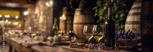 White wine glasses and grapes in winery. Panoramic banner, header, background for restaurant, hotel, event, tourism, travel. Generative AI.