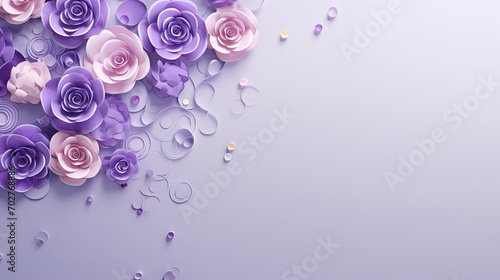 Purple paper flowers on a purple background with confetti. This vibrant and festive asset is great for wedding invitations, greeting cards, party decorations,  Mother's Day and Valentine Day photo