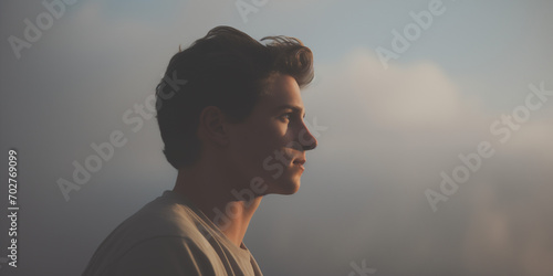 Young man with a profile view, his face calm against a backdrop of soft clouds photo