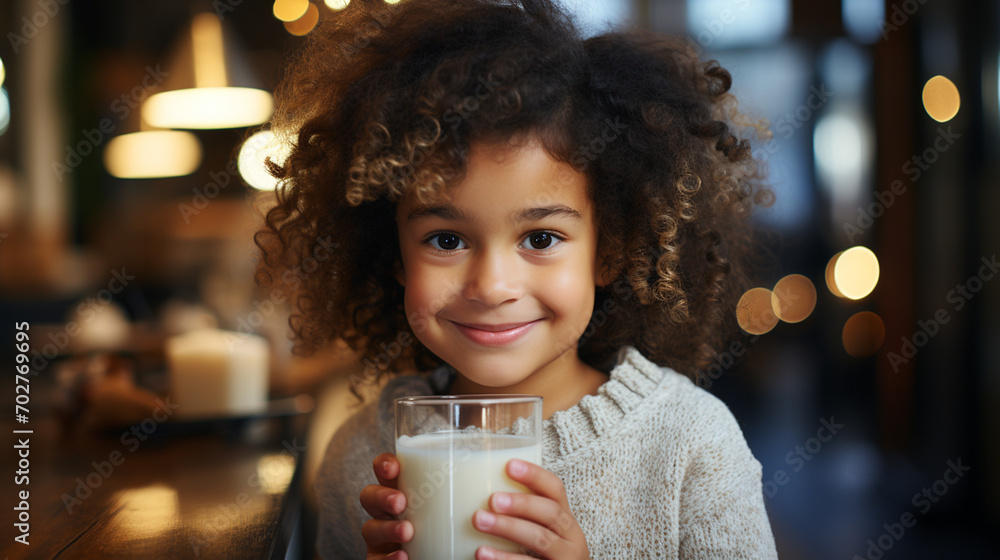 Little girl with a white knitted sweater happily drinking a glass of milk. Diffuse background with copy space. Concept of nutrition, dairy products, drinking milk, healthy food. - obrazy, fototapety, plakaty 