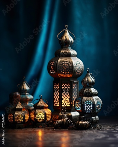 copy space dates, arabic lamps and rosary islamic holidays decoration - generative ai