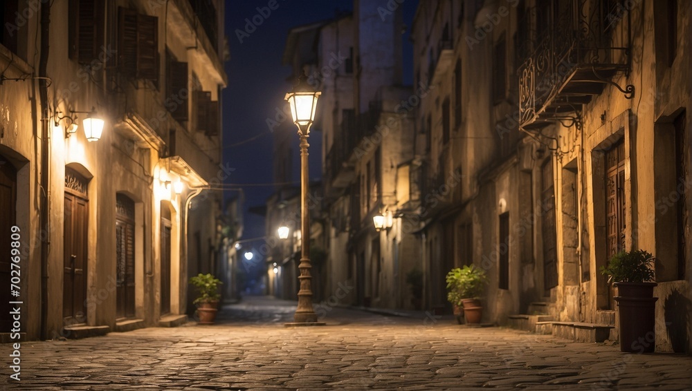 A solitary street lamp stands tall in the ancient city, casting a warm glow on the cobblestone streets below.