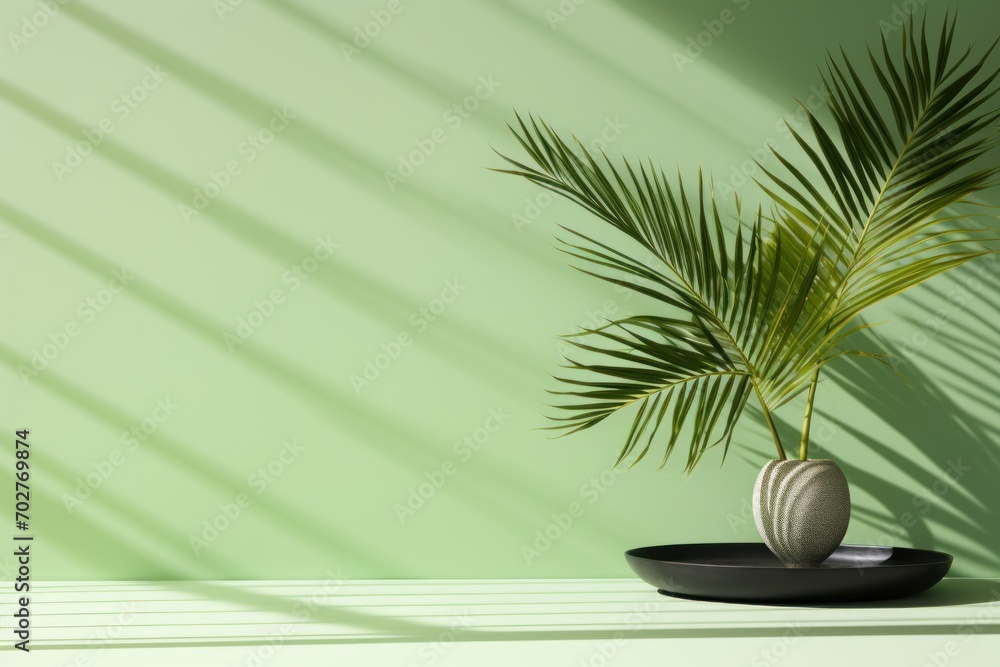 a potted plant sitting on top of a table next to a shadow of a palm tree on the wall. a potted plant sitting on top of a table next to a shadow of a palm tree on the wall.