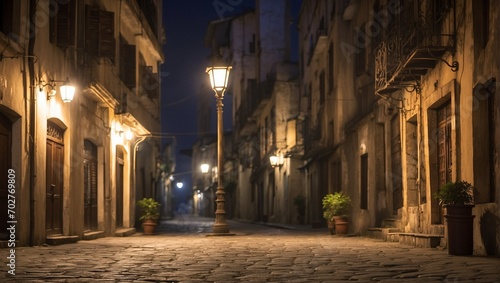 A solitary street lamp stands tall in the ancient city  casting a warm glow on the cobblestone streets below.