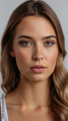 Close-up Portrait of a Beautiful Young French Model Woman on White Studio Background