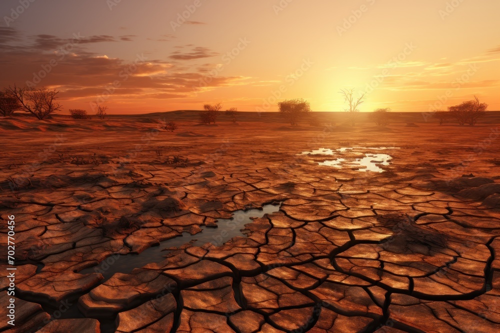  the sun is setting in the distance over a barren area with small puddles of water in the foreground.