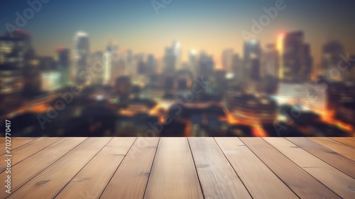 Empty wooden table over blurred city view background, © HA