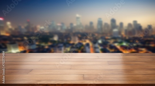 Empty wooden table over blurred city view background 
