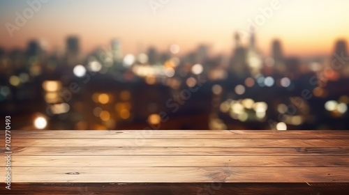Empty wooden table over blurred city view background,