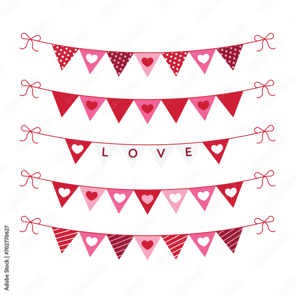 Cute valentine's day bunting flags. Happy Vday Hanging banner. Valentines elements in simple modern minimalist style. Pastel color greeting card. Geometric vector illustration.