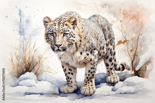 a charming and lively snowy leopard stands In a beautifully crafted watercolor painting, against a tranquil white backdrop.