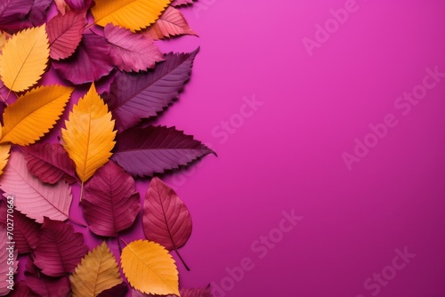  a bunch of colorful leaves laying on top of a purple surface with space for text on the left side of the image.