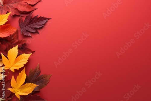  autumn leaves on a red background with a place for a text or an image to put on a card or brochure.
