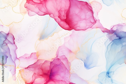  an abstract painting of pink, blue, and yellow colors on a white background that looks like a mixture of ink.