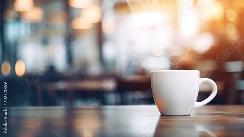 White coffee cup on a wooden table in front of a blurred background. photo