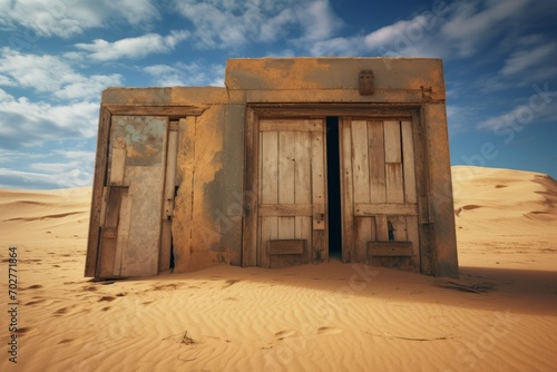 A bunker in a desert landscape with ancient wooden doors weathered by the sun and sand winds