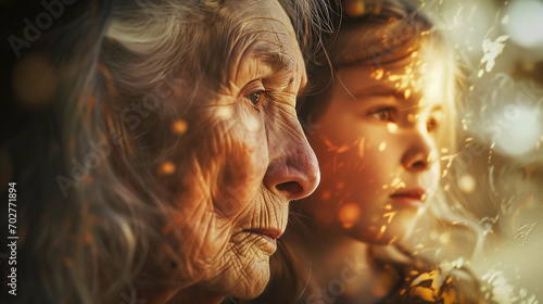 Double exposure of an older woman and a young girl seen in profile photo