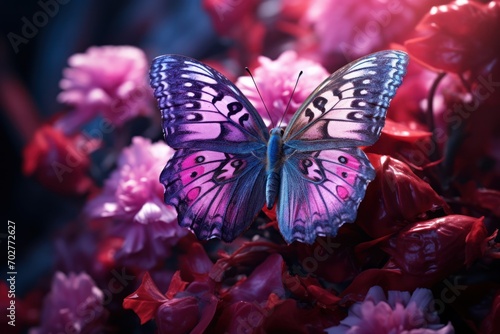  a purple butterfly sitting on top of a bunch of pink and white flowers in a field of red and pink flowers.