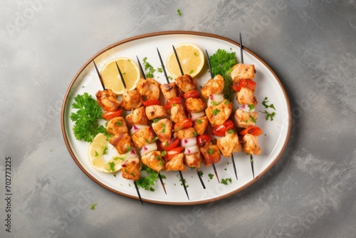  a plate of shrimp skewers with lemon wedges and garnished with parsley and parsley.