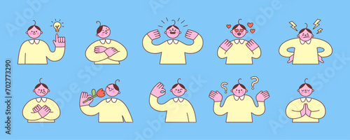 Set of characters experiencing various emotions. Vector illustration of  a man expressing his feelings with gestures and facial expressions. Happy, sad, surprised, characters in cute colorful style.