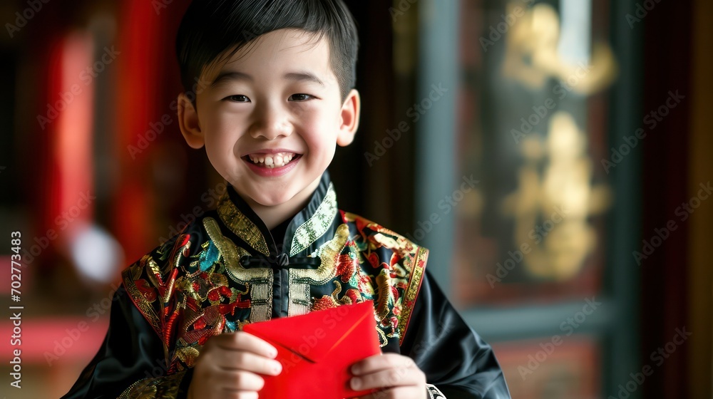 Happy Chinese boy in traditional clothes receiving red envelope for new