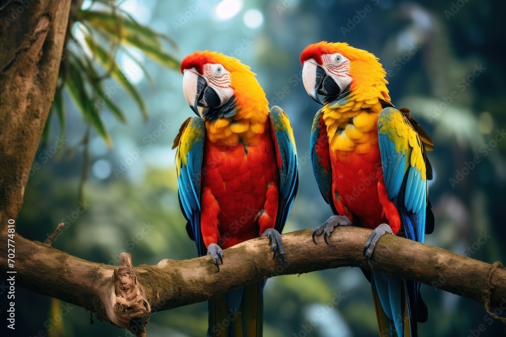  two colorful parrots perched on a tree branch in a tropical area with palm trees and a blue sky in the background.