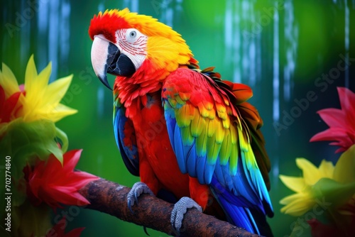  a colorful parrot perched on a branch in front of a background of leaves and flowers with drops of raindrops. © Shanti