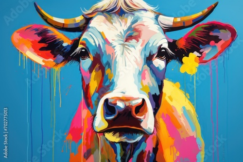  a painting of a cow's face with colorful paint splatters on the cow's face and neck.