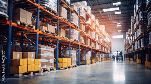 Industrial warehouse or storehouse with shelves full of goods, logistics, stock and inventory management concept.