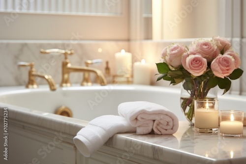  a vase filled with pink roses sitting on top of a counter next to a bath tub filled with candles and towels.