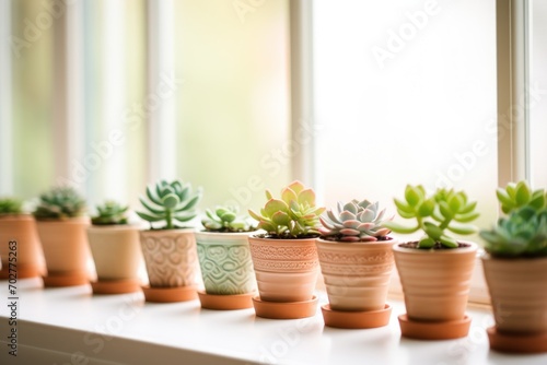  a row of small potted plants sitting on top of a window sill next to a window sill.