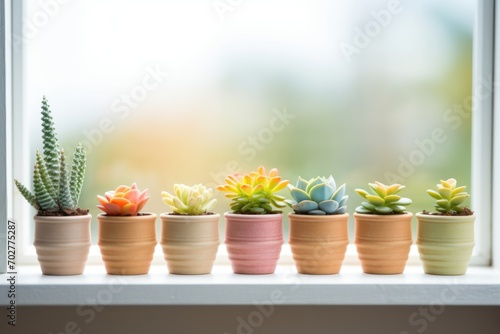  a row of potted succulents sitting on a window sill in front of a sunny window.