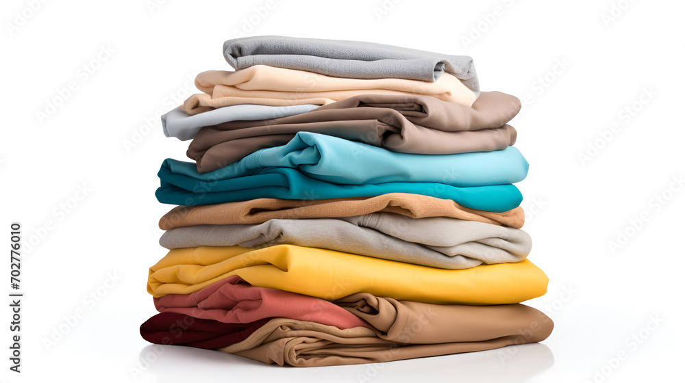 Stack of clean, neatly folded clothes, stack of clean colored laundry on a white background Stack of clean, neatly folded clothes, stack of clean colored laundry on a white background