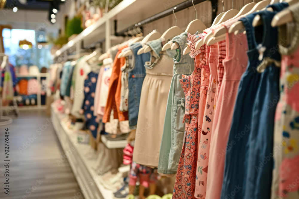 A modern children's clothing store offering a variety of bright and stylish clothes for babies and children.