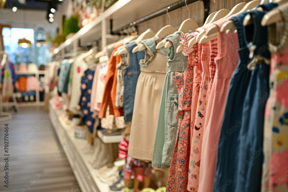 A modern children's clothing store offering a variety of bright and stylish clothes for babies and children. A modern children's clothing store offering a variety of bright and stylish clothes for babies and children.