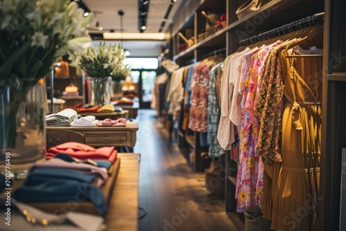 In a modern boutique, stylish clothes on racks create a fashionable and attractive shopping environment.