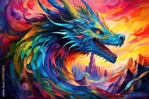  a painting of a colorful dragon with a castle in the background and a castle in the middle of the painting. © Shanti